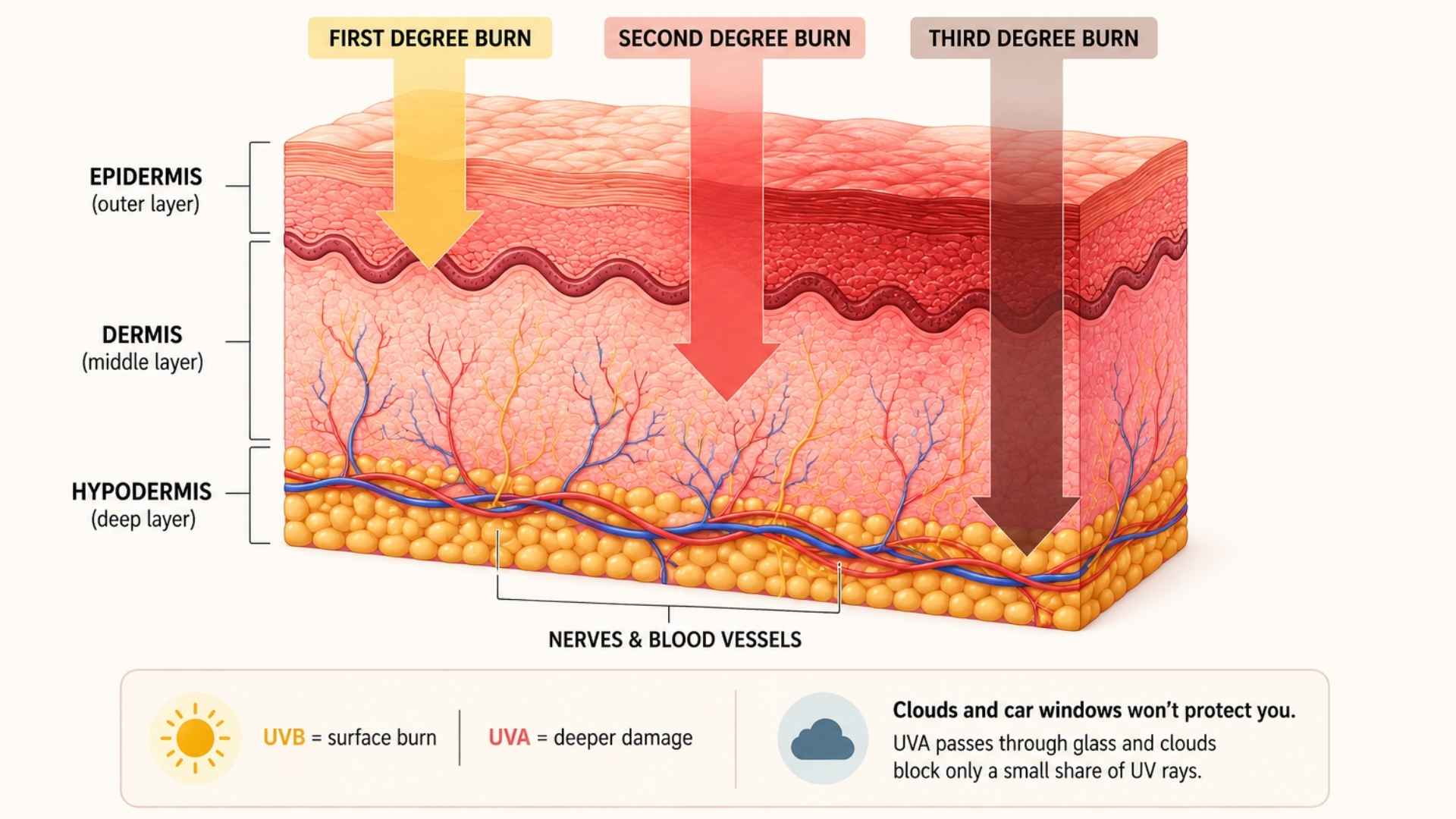Sunburn infographic showing skin layers, burn depth, UVB surface damage, and UVA deeper damage.