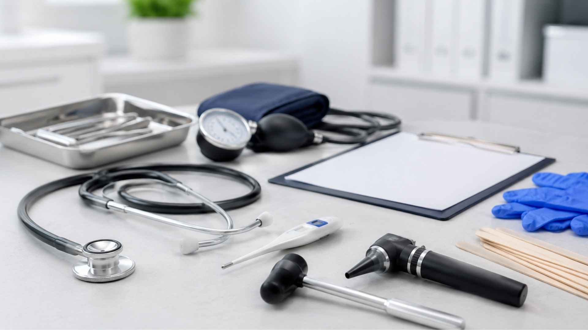 Medical stethoscope and diagnostic tools arranged on a clinic table for health evaluation