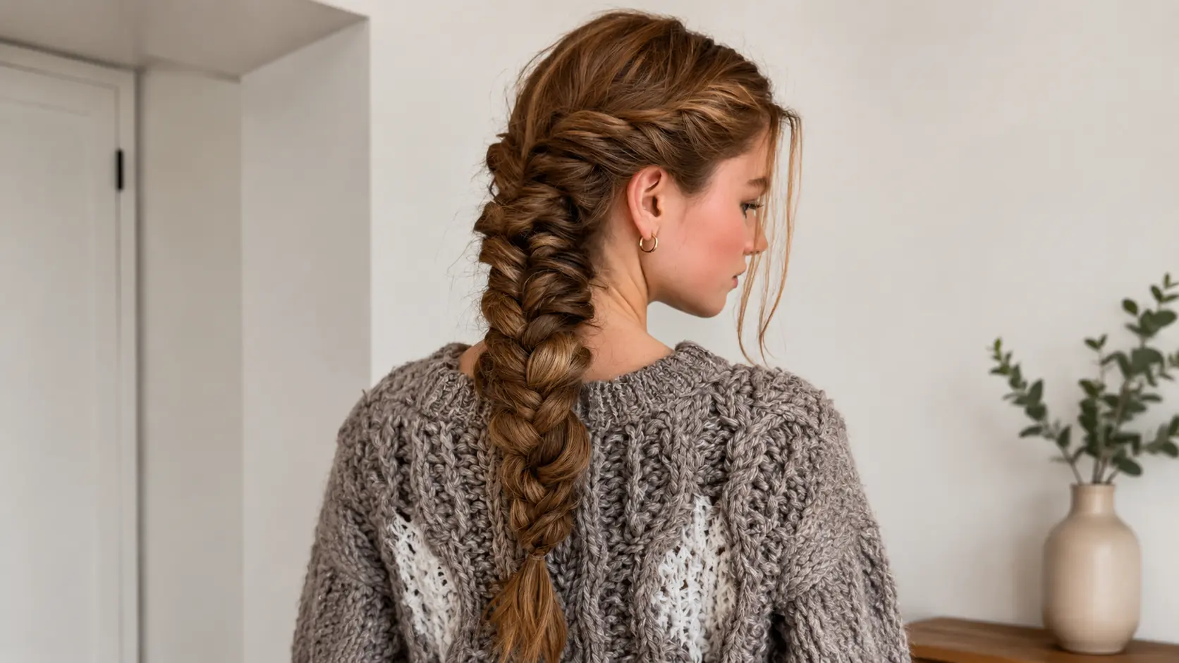 Woman from behind showing a thick, textured French braid hairstyle and a chunky knit sweater.