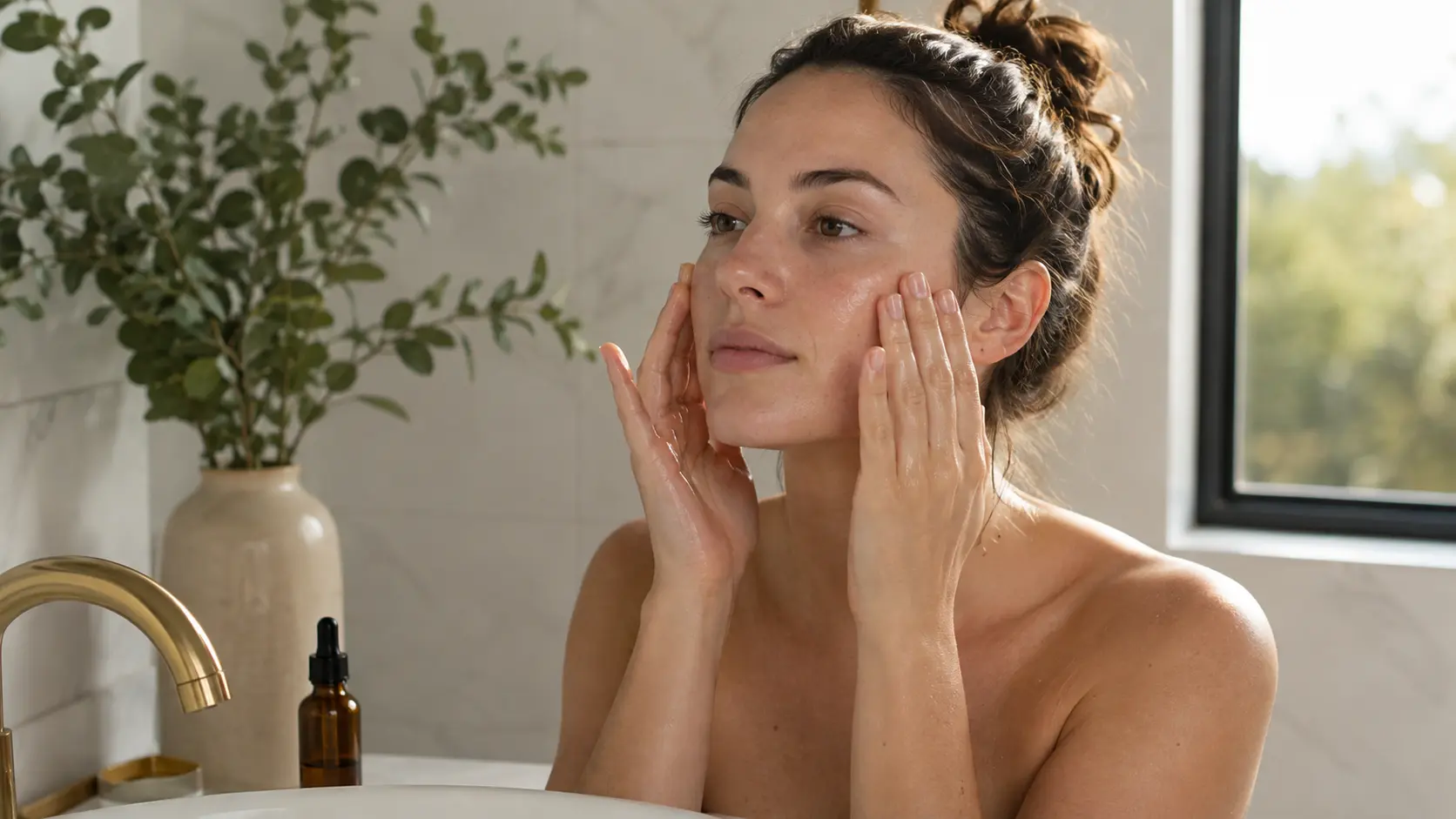 Woman gently massaging jojoba oil into her face beside a bathroom sink with an amber dropper bottle in soft daylight