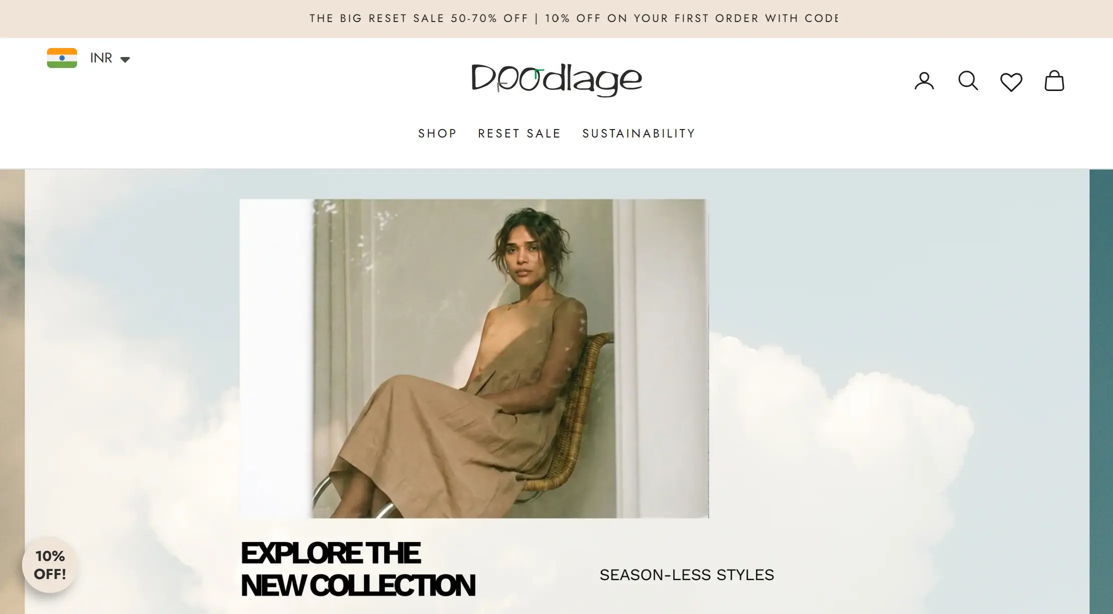 Woman in a beige dress sitting on a wicker chair with