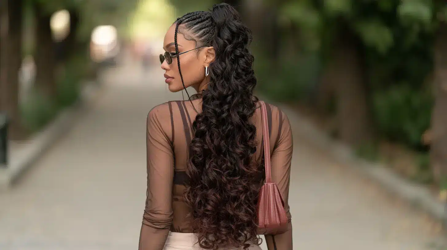 Woman viewed from behind with long, voluminous curly ponytail extensions, sheer brown top, and shoulder bag.