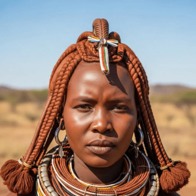 Woman wearing traditional braided hairstyle with decorative beads and cultural jewelry in an outdoor setting.