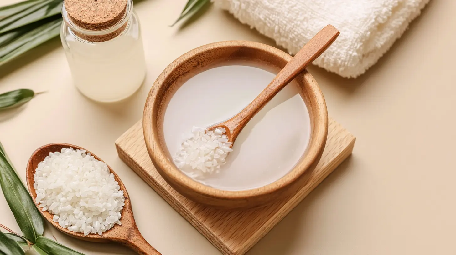 Wooden bowl and spoon filled with rice water, next to raw white rice and natural spa items.