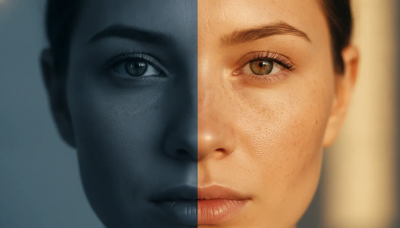 Close-up of a woman's face split between monochrome and natural color tones