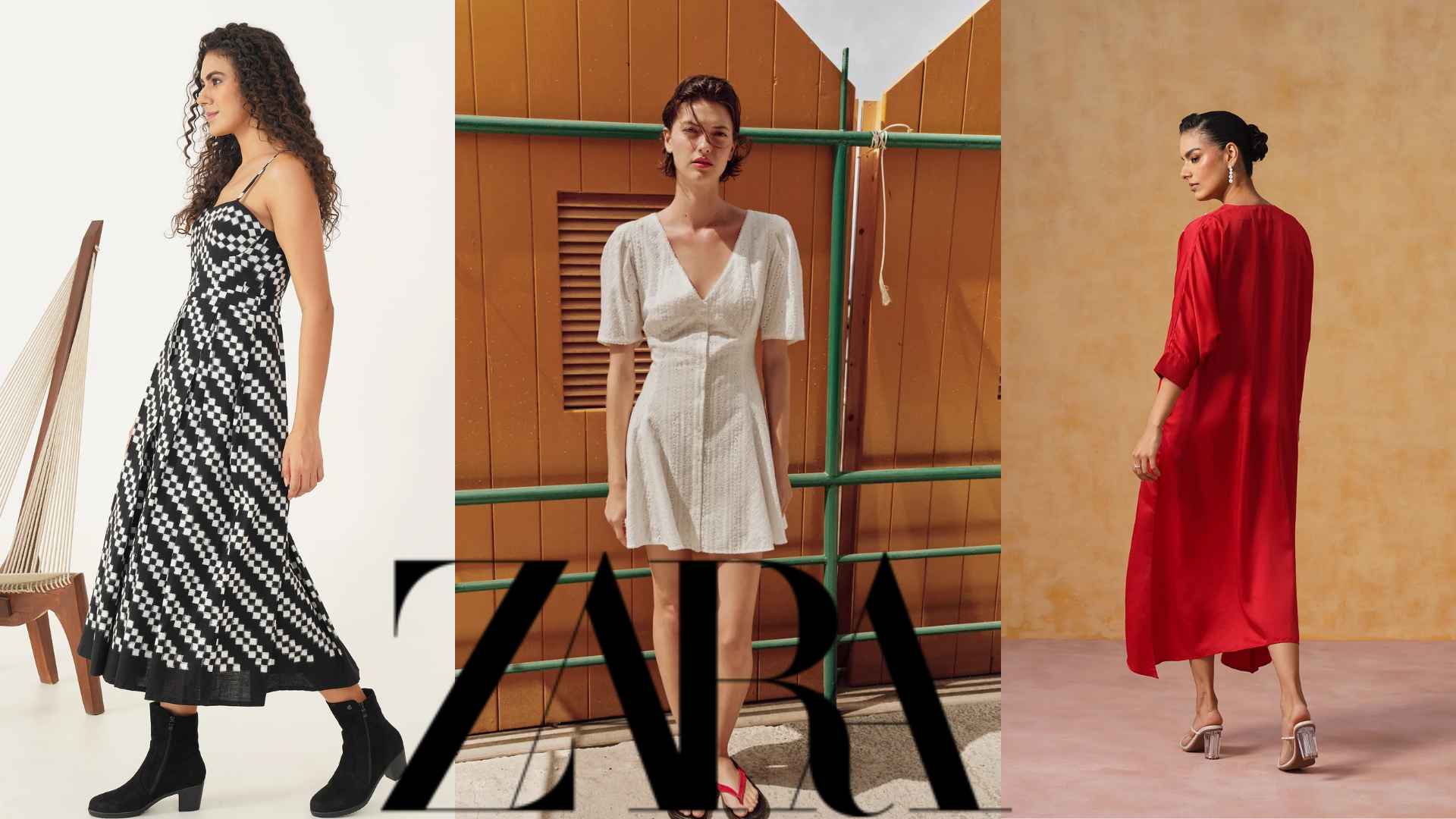 Zara fashion campaign featuring models wearing colorful printed outfits with modern silhouettes and the brand logo displayed prominently in the center