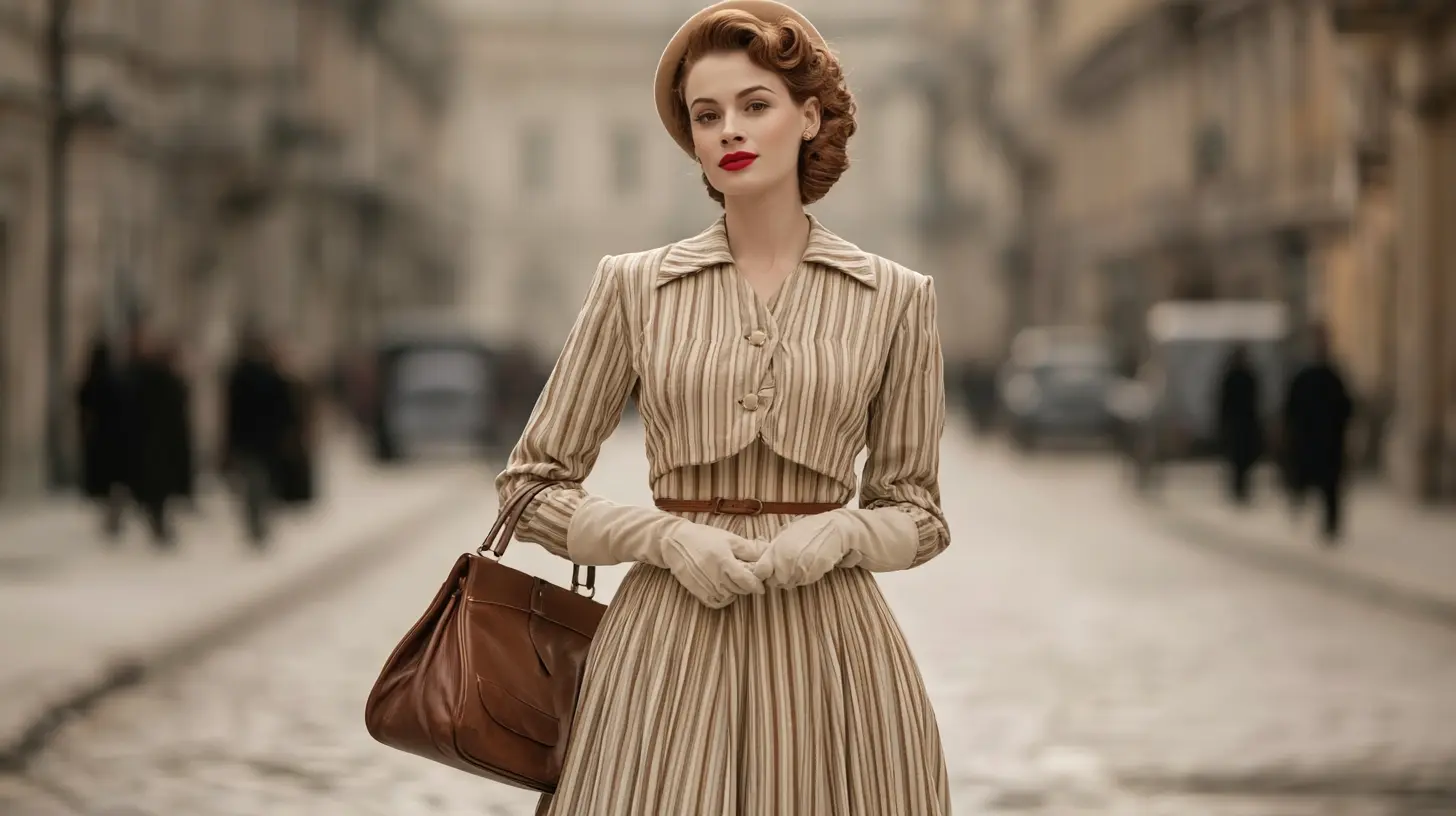 A woman in vintage 1940s attire wearing a striped dress, gloves, and a hat while holding a leather handbag on a street.
