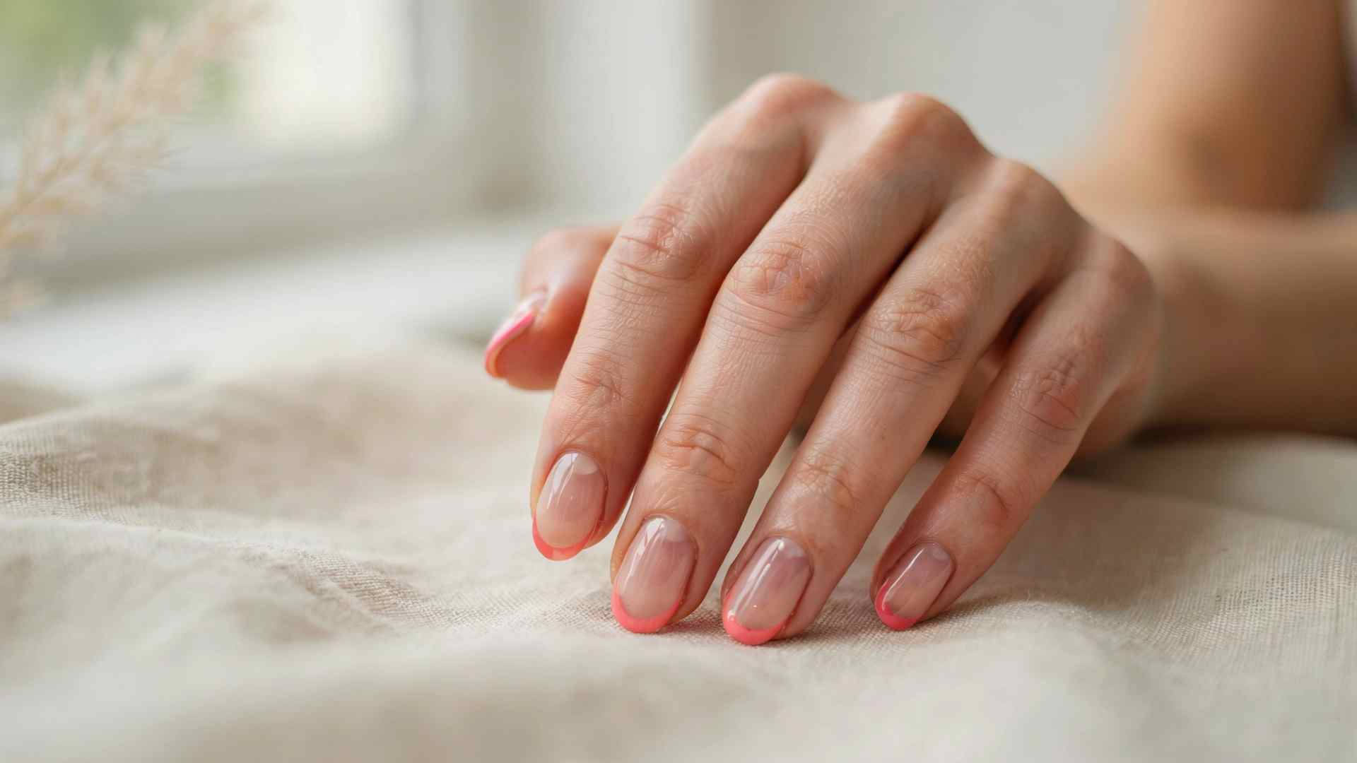 Coral jelly French tip nails with translucent polish and glossy finish creating a soft summer manicure look