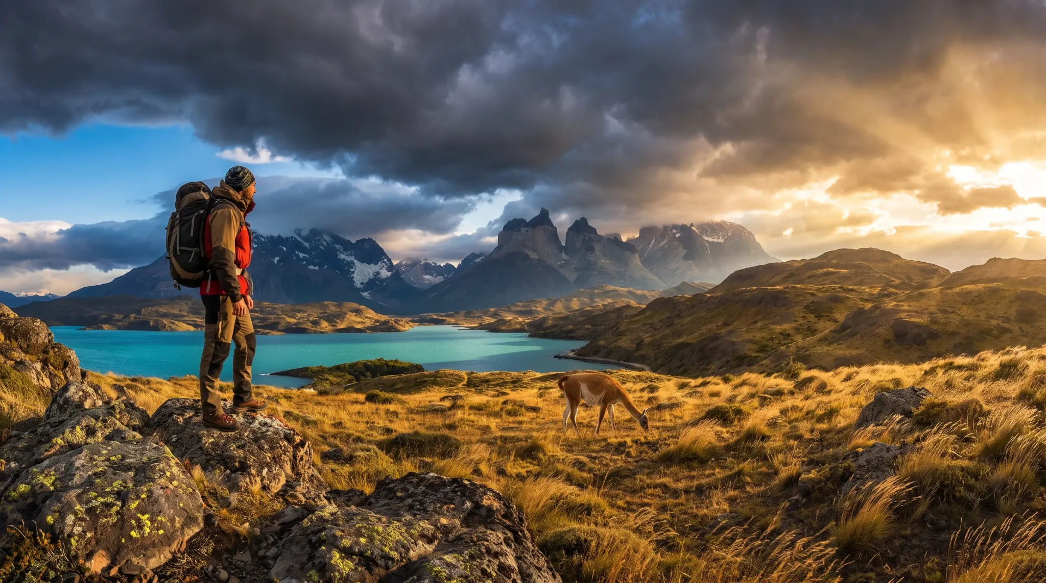 Hiker with backpack overlooking mountains and blue lake under dramatic sky