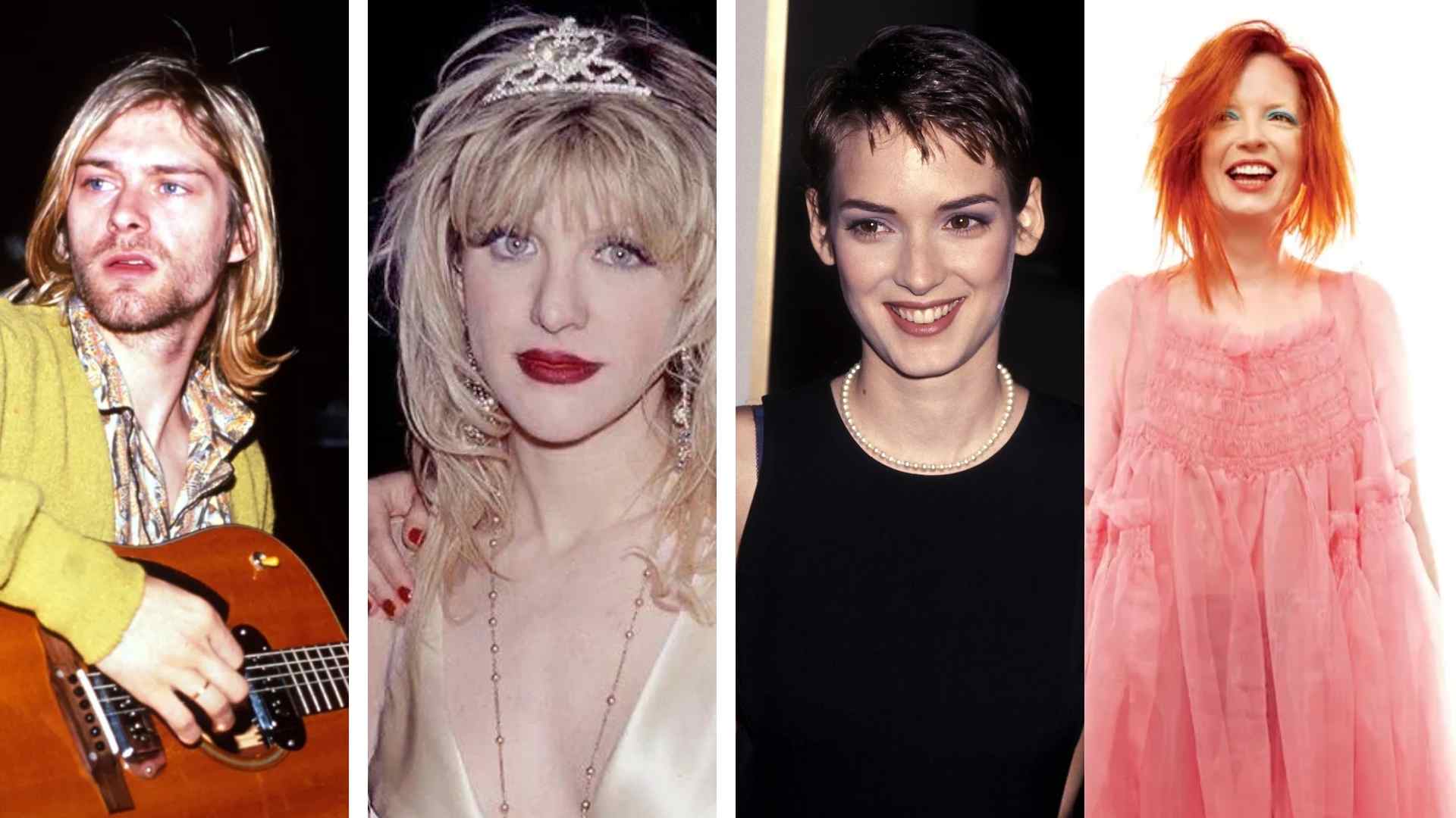 Collage of 90s grunge hair icons featuring Kurt Cobain’s long center-parted hair, Courtney Love’s messy bleached bob, Winona Ryder’s cropped pixie, and Shirley Manson’s bold alternative hairstyle.