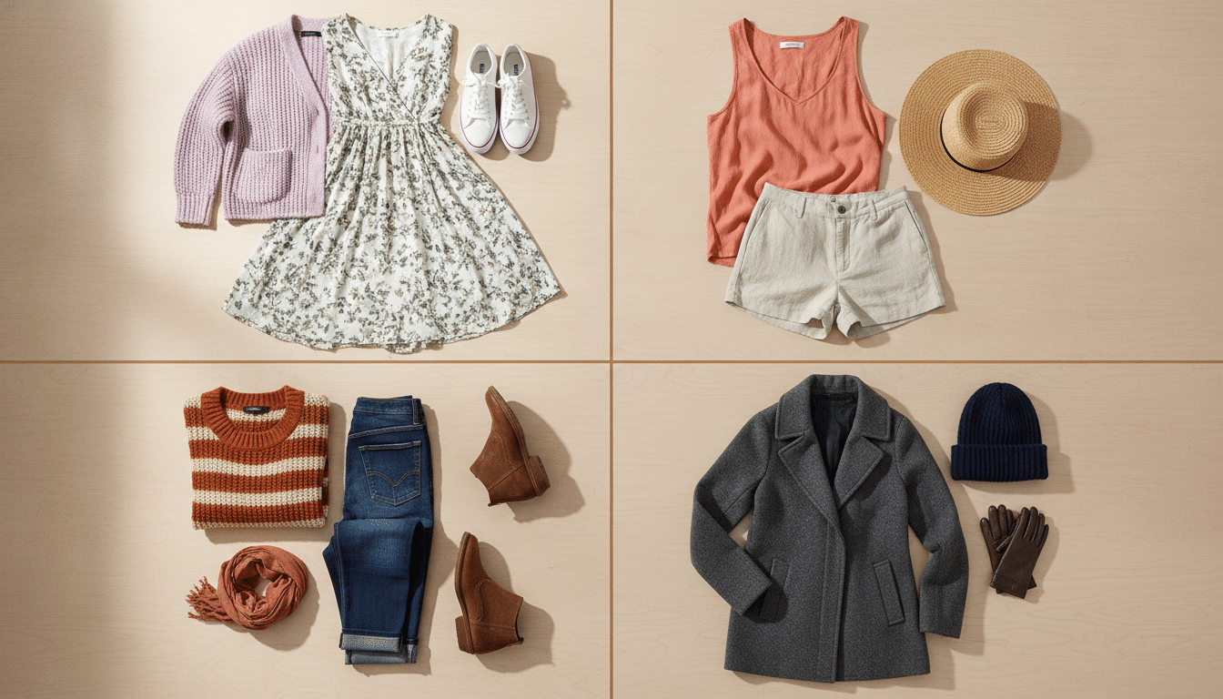 Four seasonal outfits flat lay on light wood surface showcasing casual and autumn fashion styles