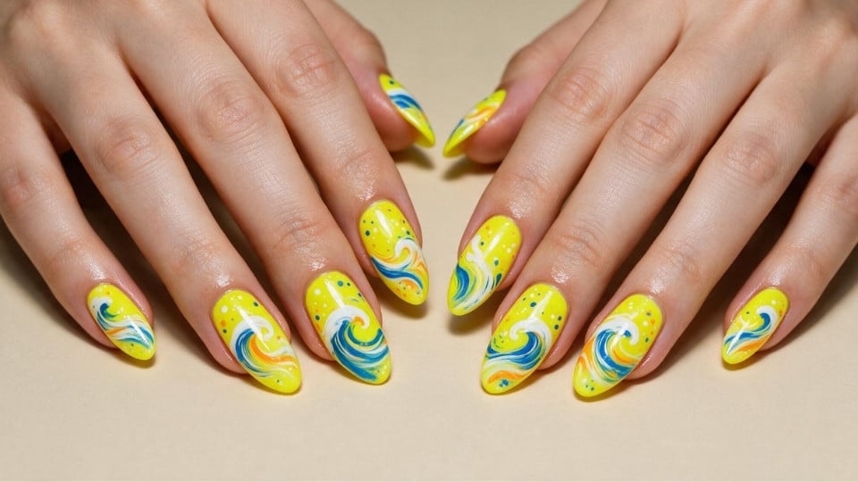 Neon yellow wave nails with blue and white curved patterns and artistic glossy details