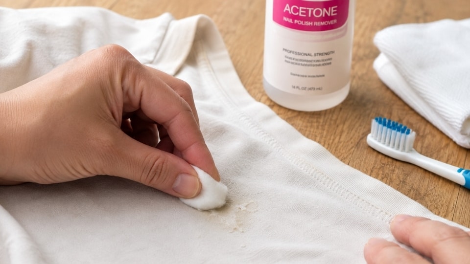Hands treating dried nail glue on clothing with nail polish remover and cotton pad on a simple home surface