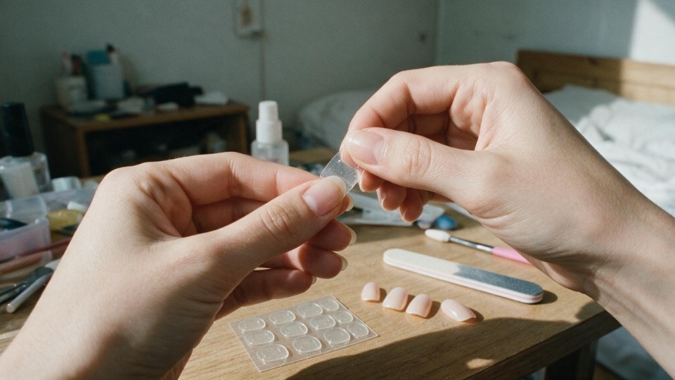 Clear adhesive tabs placed on natural nails before applying press on nails during a simple glue free manicure method