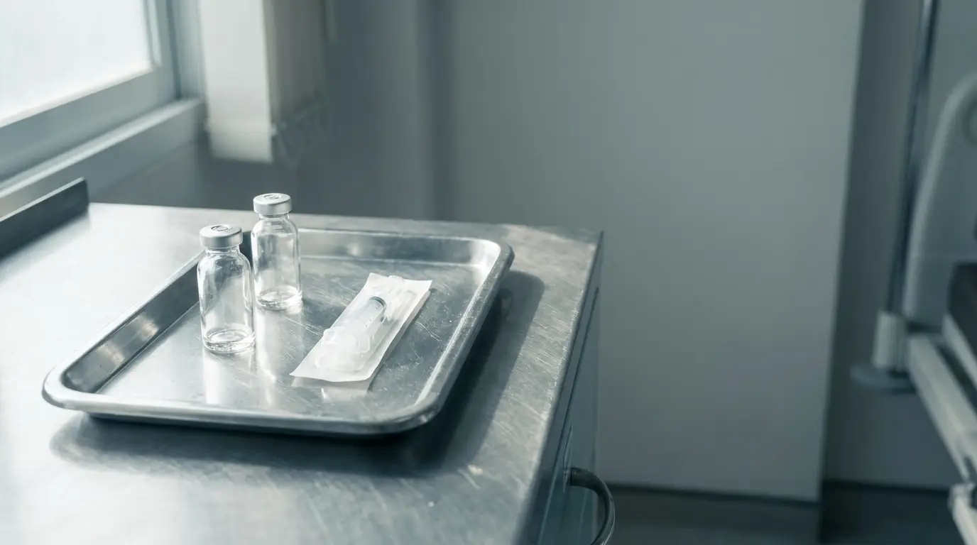 Vaccine vials and syringe on metal tray in clinical setting with natural light
