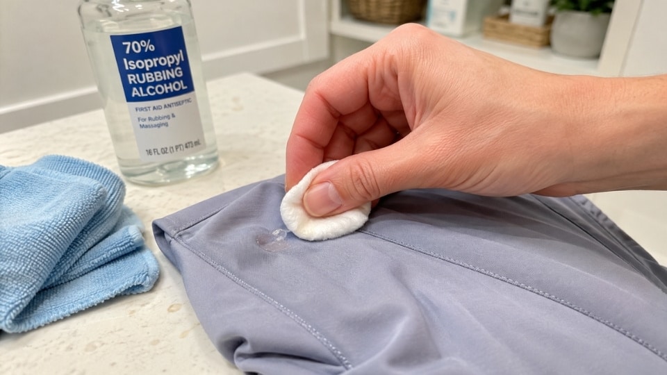 Rubbing alcohol applied with a cotton pad to remove nail glue residue from synthetic fabric during stain treatment