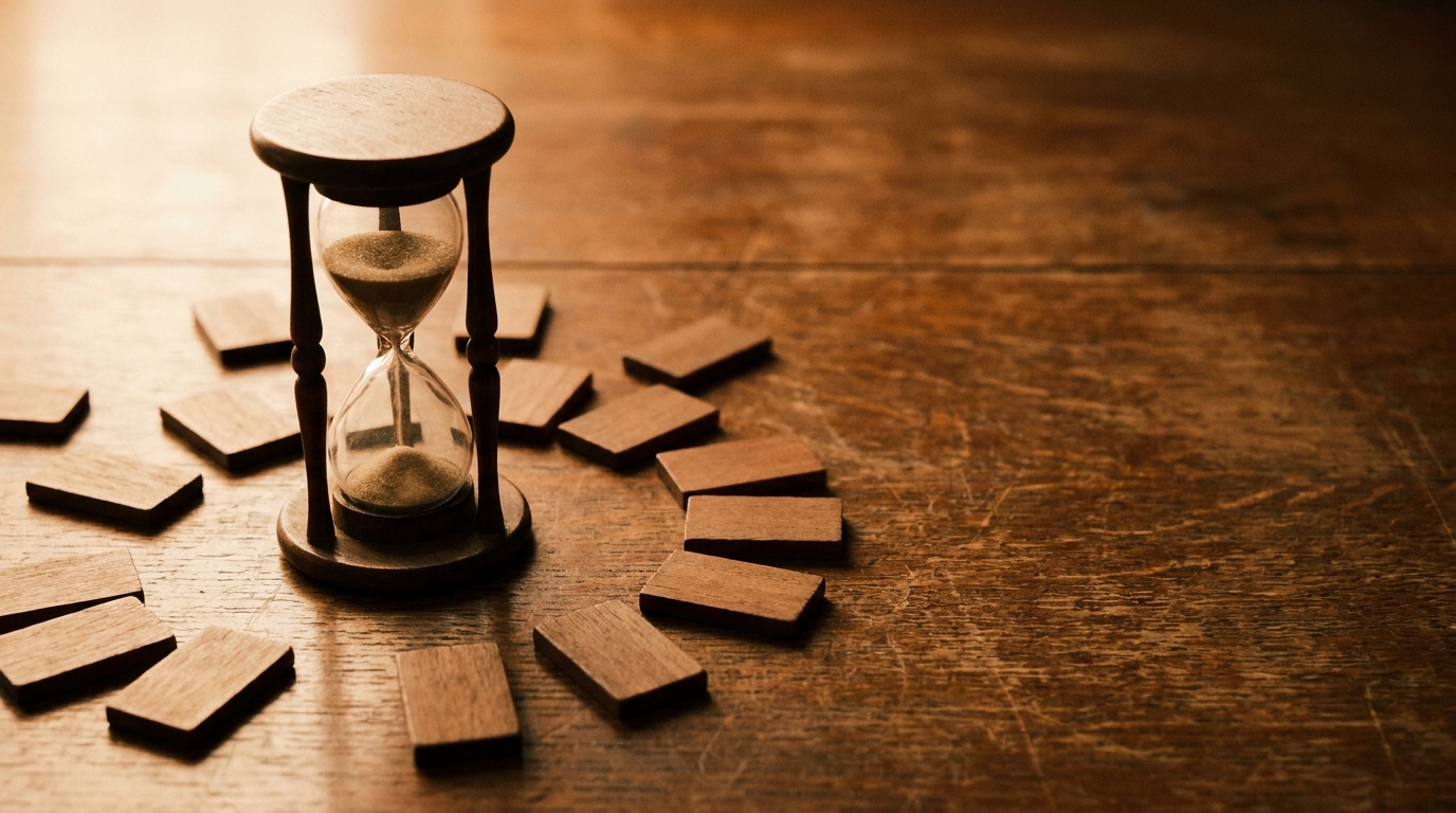 Hourglass surrounded by wooden blocks on a rustic wooden table