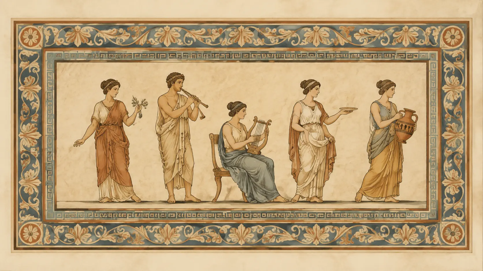 Ancient Greek clothing styles shown in a decorative fresco-style mural with draped robes and classical figures.