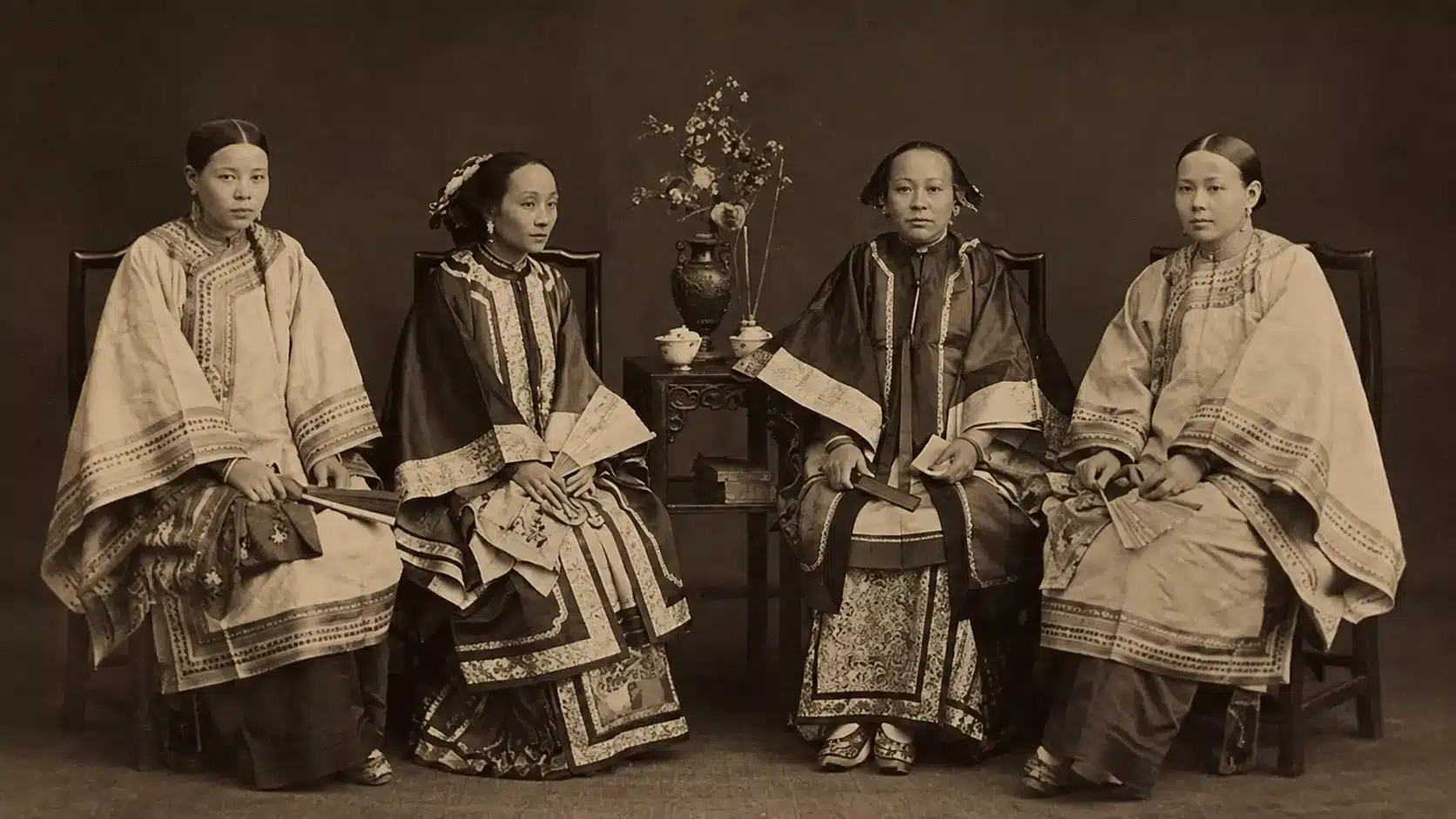 Sepia vintage portrait of Chinese women wearing traditional embroidered clothing with fans in a formal studio setting.