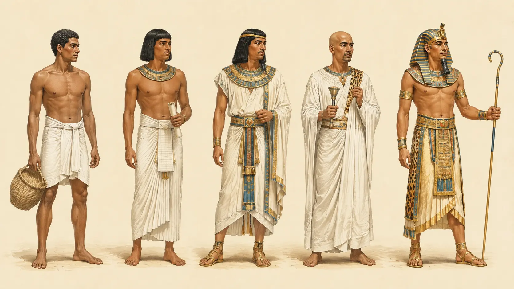 Ancient Egyptian men wearing traditional linen kilts, robes, jewelry, collars, and royal attire.