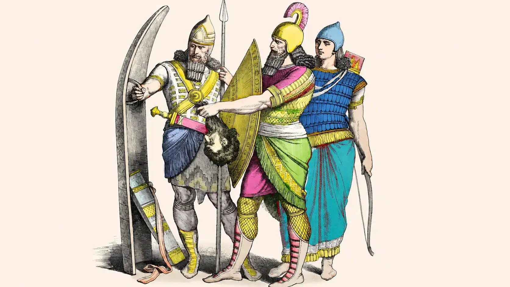 Ancient Mesopotamian warriors wearing traditional clothing, helmets, shields, and armor in a historical illustration style.