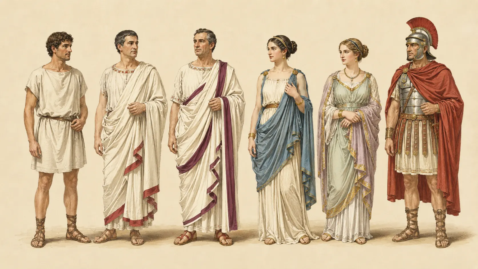 Illustration of ancient Roman clothing showing men and women in tunics, togas, stolas, draped shawls, sandals, and a soldier&rsquo;s armor.