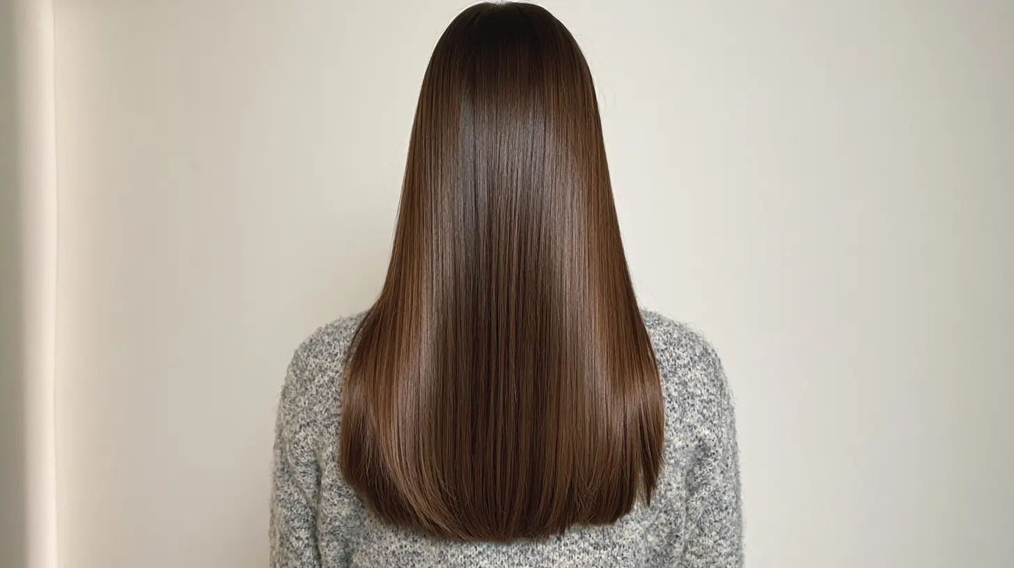 Back view of a person with long, ultra-smooth, dark brown hair falling neatly over a gray sweater.