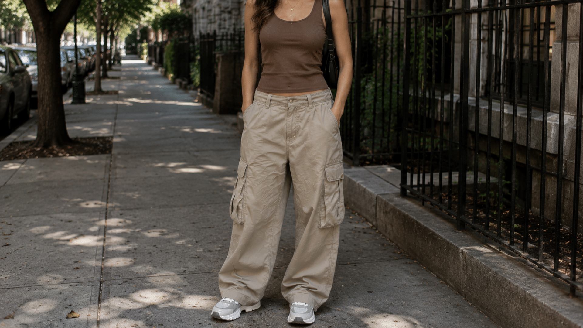 Baggy cargos with a fitted tank and chunky sneakers for a streetwear outfit that balances loose fabric with a neat top