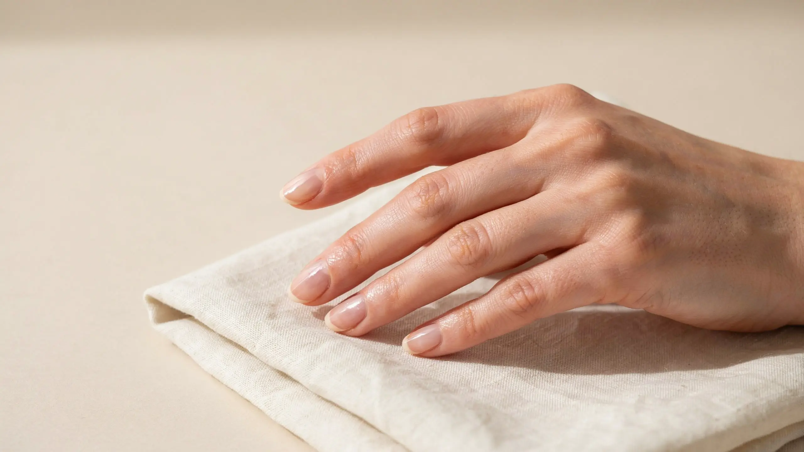 Hand with short natural nails and clear gloss resting on folded beige linen under soft warm light and calm neutral tones