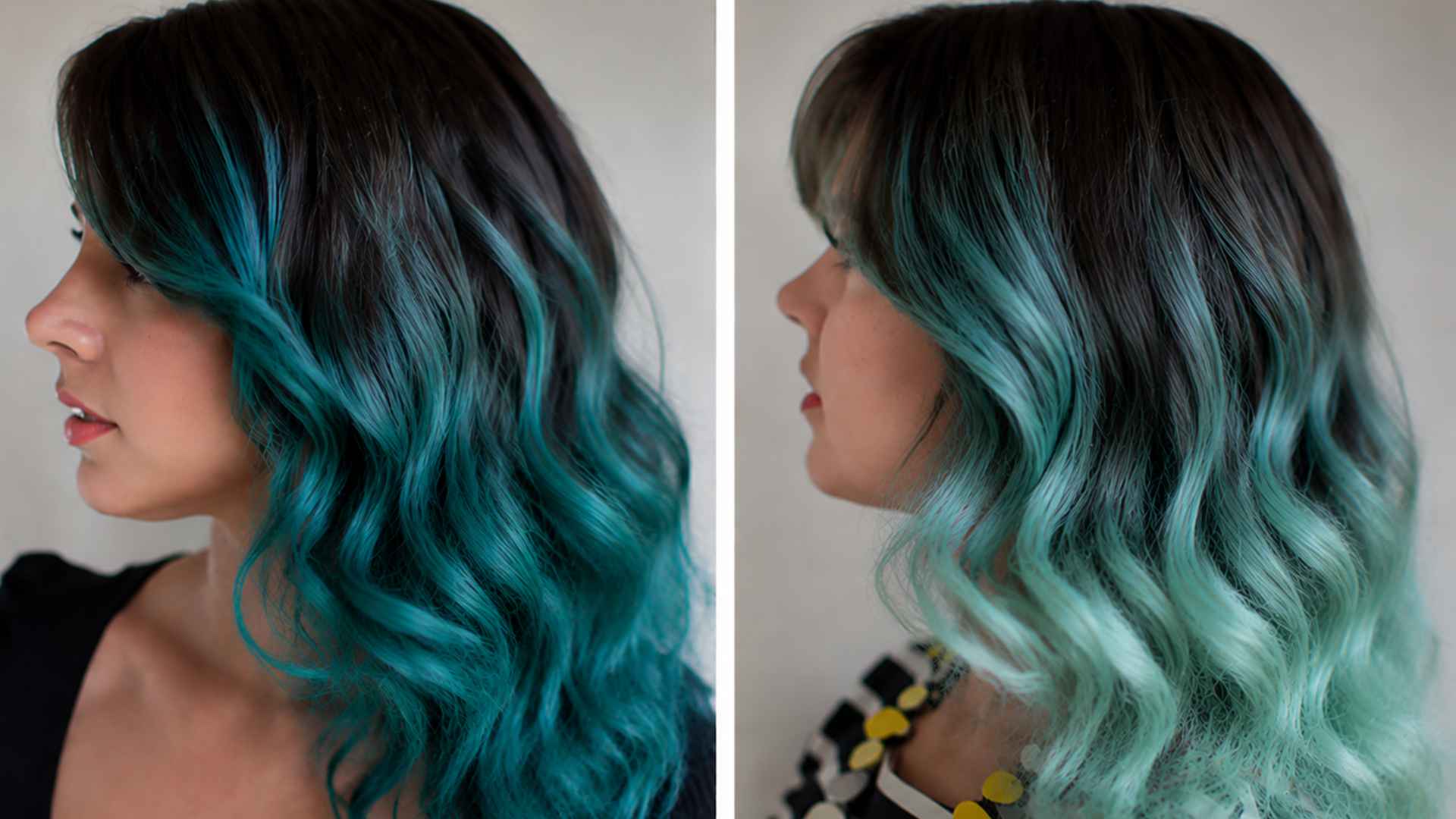 Before and after comparison of blue hair color showing different stages of hair dye fading.