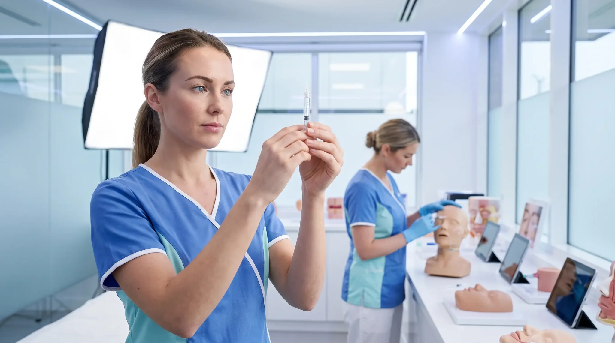 Medical professionals practicing injections with mannequins in a bright training room