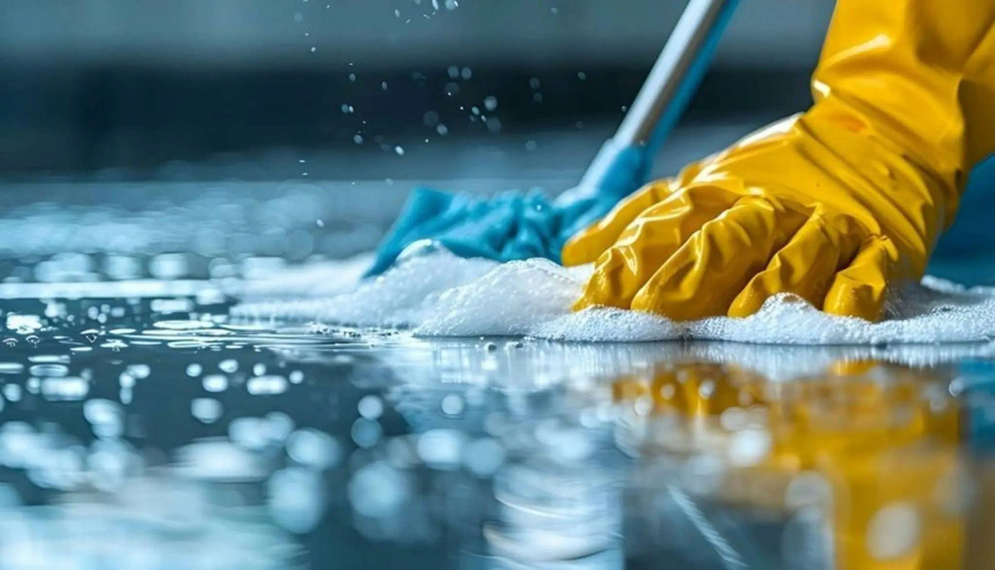 Yellow-gloved hands scrubbing soapy wet floor with blue cloth in bright setting