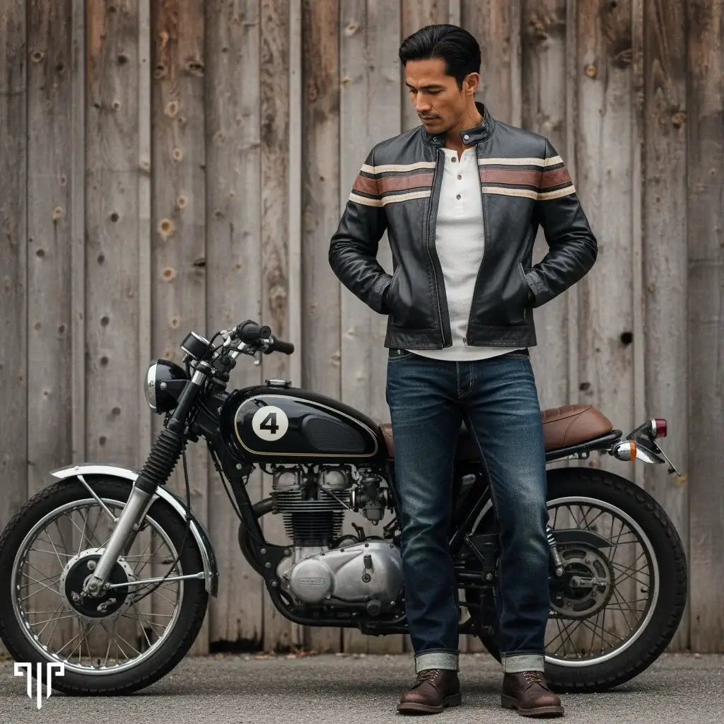 Man in leather jacket standing beside vintage motorcycle near wooden wall