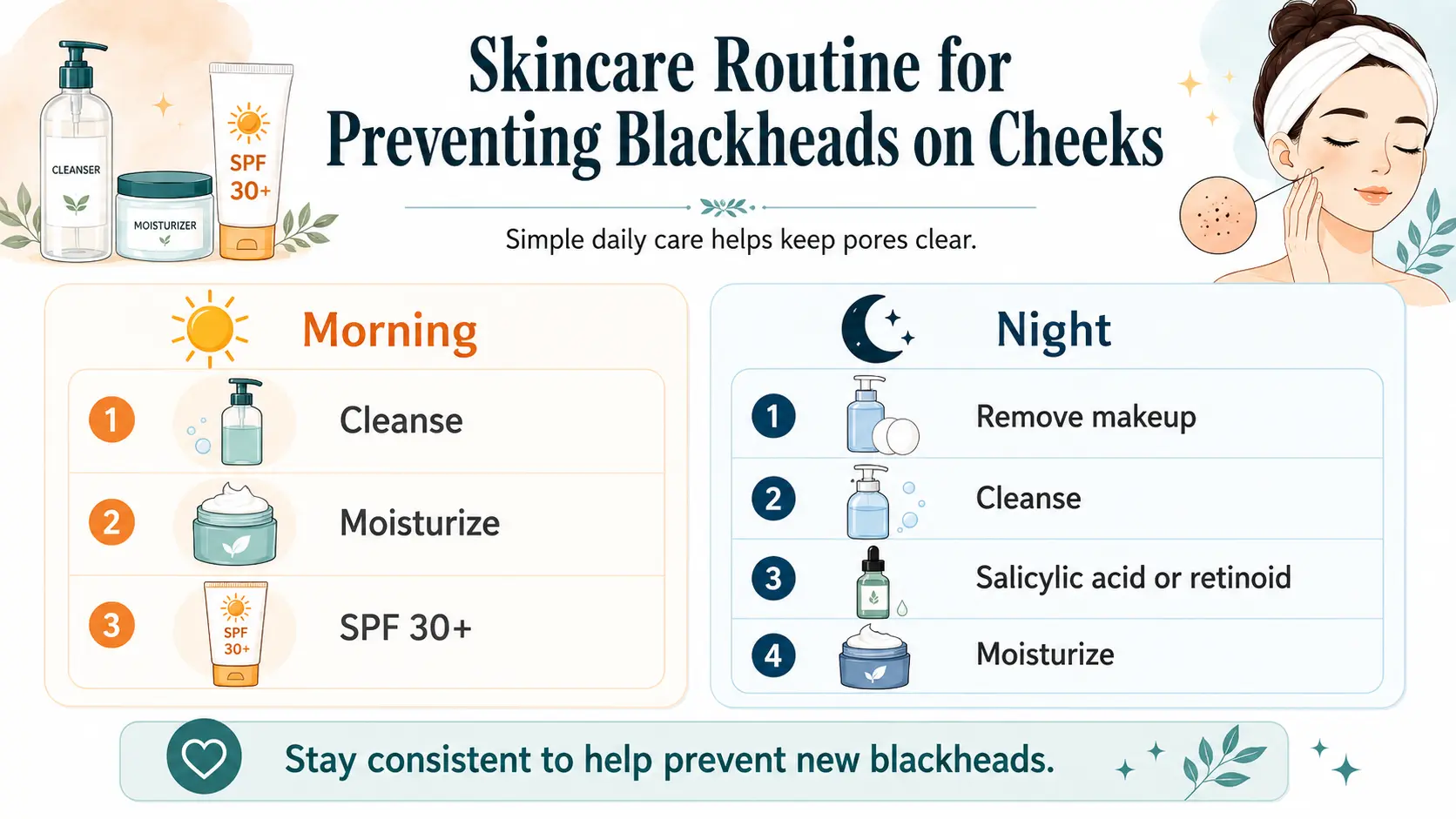 Skincare infographic showing a simple morning and night routine to help prevent blackheads on cheeks using cleanser moisturizer and SPF