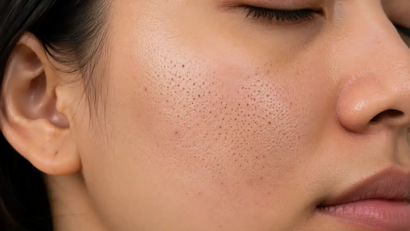 Close-up photo of a woman's cheek showing prominent, enlarged pores filled with small blackheads (open comedones).
