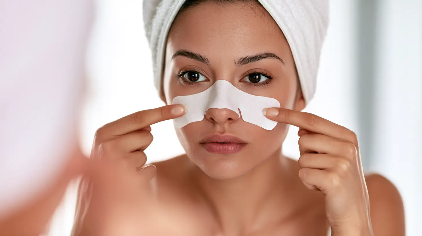 Woman applying a white pore strip across her nose while looking in a mirror during a skincare routine.