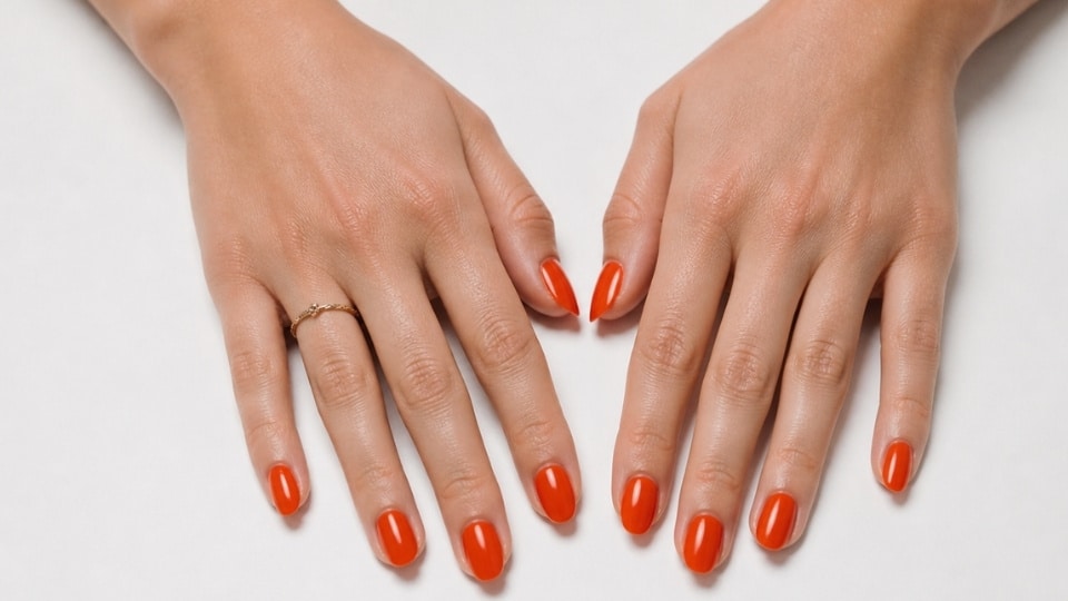 hands with blood orange nails featuring warm red orange tones