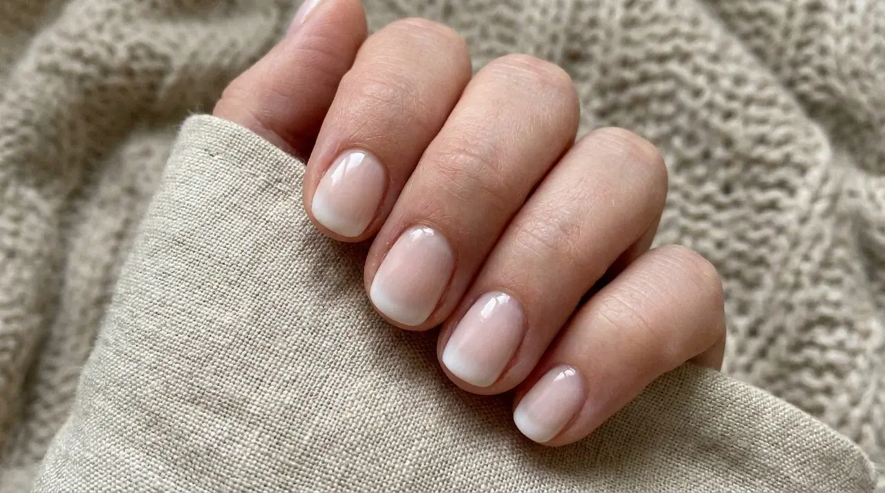 Short square milky white nails with a glossy sheer finish on a hand resting over soft textured fabric background