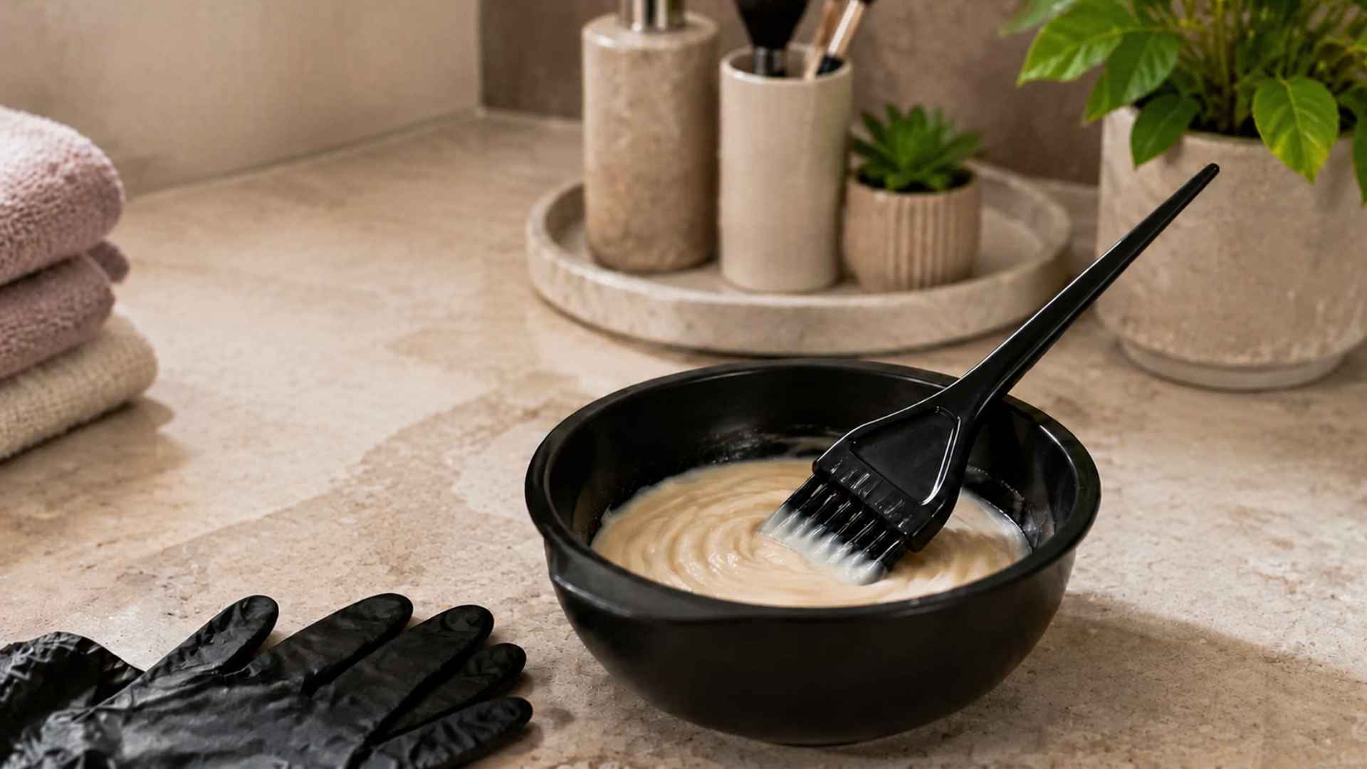 Hair dye kit with mixing bowl, applicator brush, gloves, and color cream arranged on a bathroom countertop.