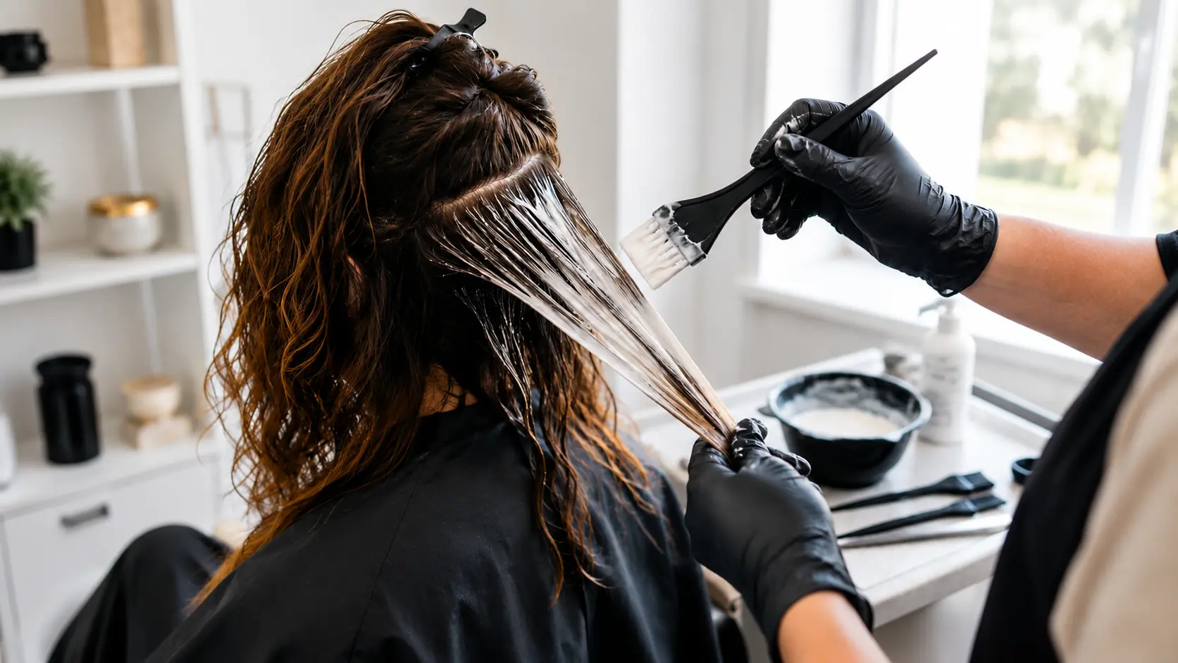 Hair stylist applying lightening product to a section of wet brown hair using a tint brush in a salon.