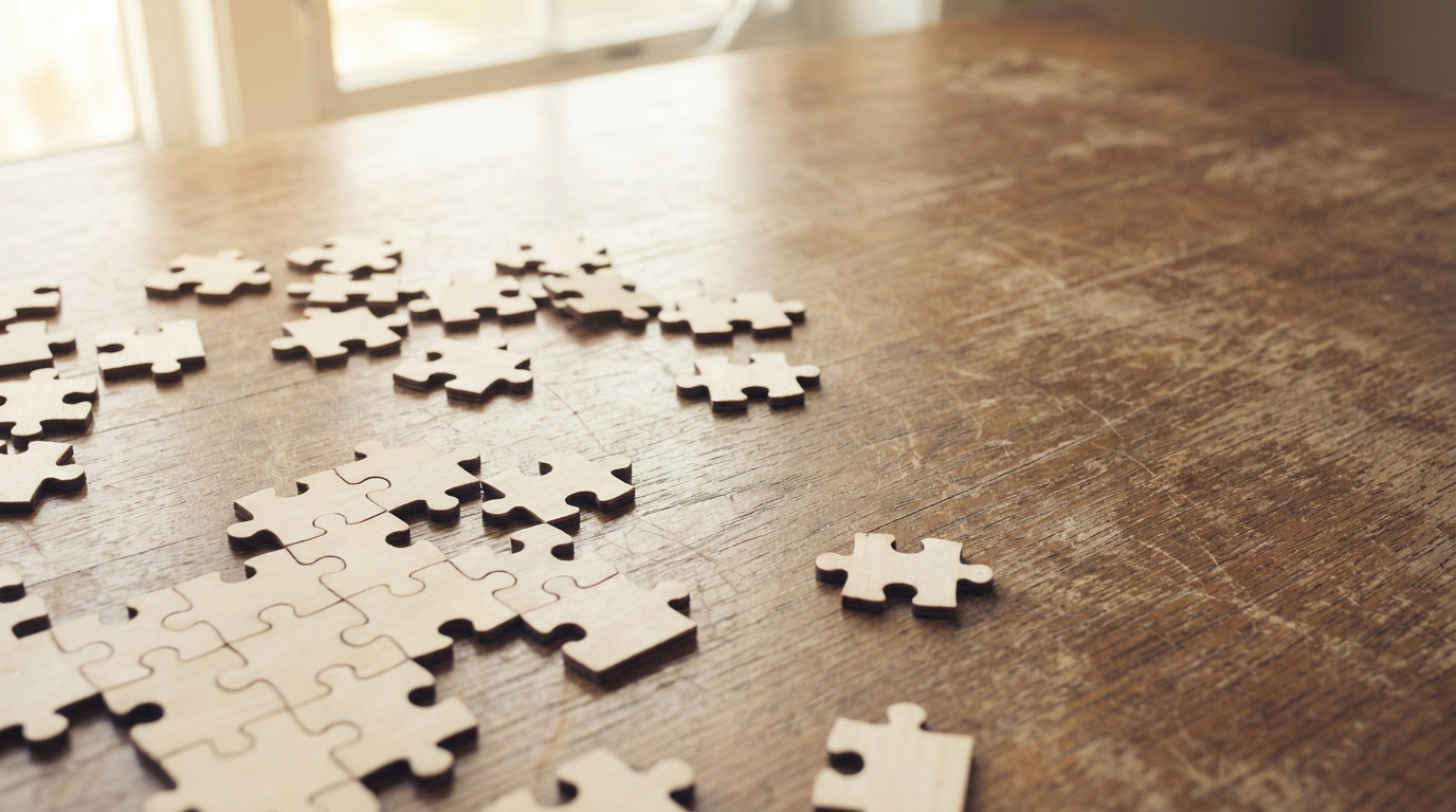 Puzzle pieces scattered on wooden table in soft natural light