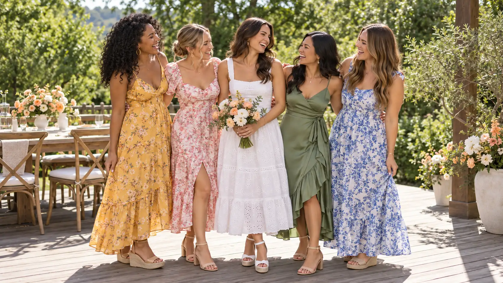 Five women in colorful summer dresses laughing together at a sunny garden party.