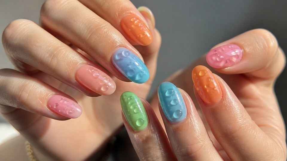 Bright 3D dewdrop nails with colorful jelly bases and clear raised droplets creating a glossy textured effect