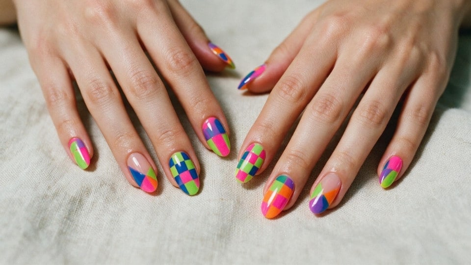 Bright checkerboard nails with colorful neon squares creating a bold geometric manicure with glossy details
