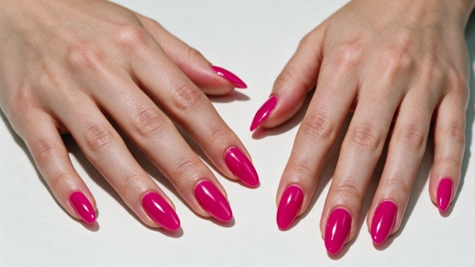 hands featuring bright fuchsia nails with a vibrant glossy finish