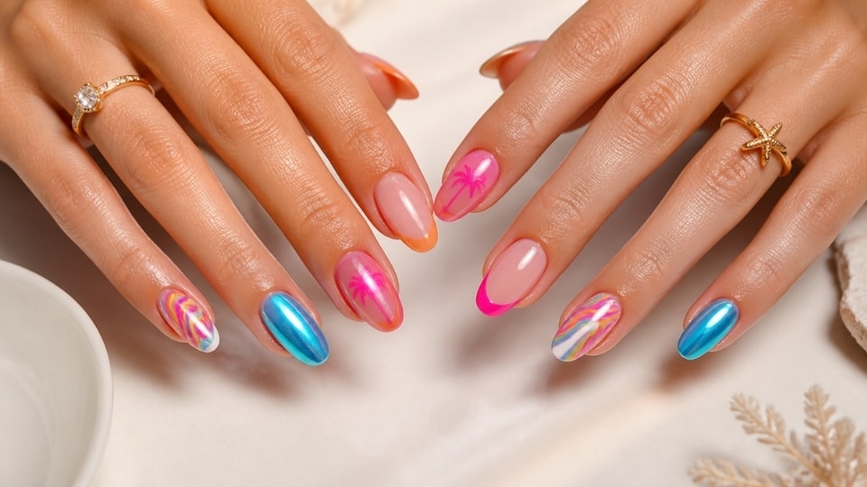 Bright nails manicure featuring neon colors chrome details colorful patterns and nail art on feminine hands