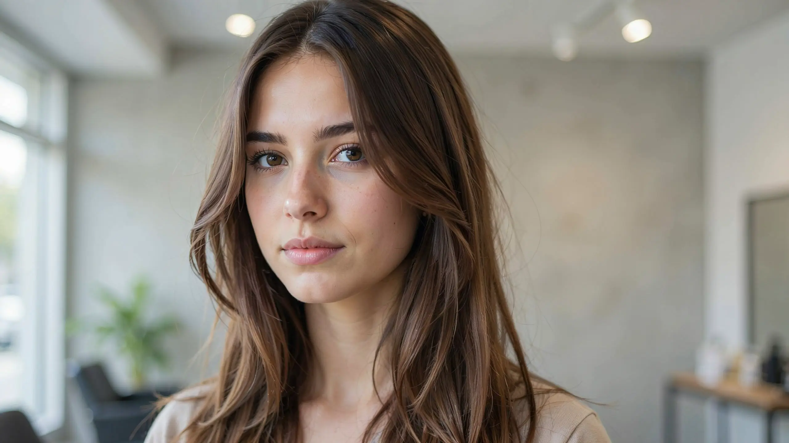 Brunette hair featuring deeper shadow roots blended into rich brown lengths with subtle dimension and a soft polished texture