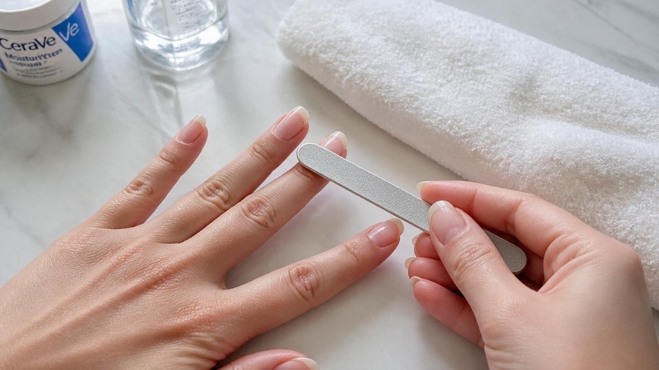 Soft nail file used to gently remove leftover nail glue residue from skin after soaking treatment