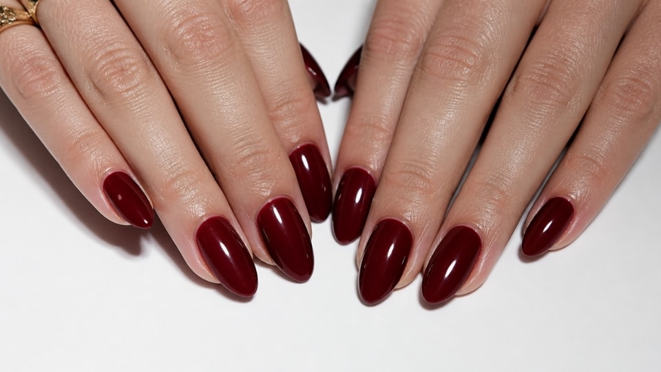 Hands showing deep burgundy nails with rich wine tones