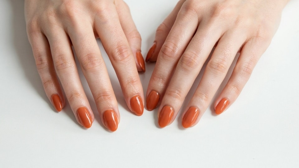 Hands displaying burnt orange nails with warm autumn shades